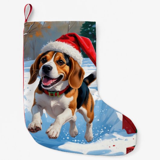 Kerstscene met Beagle in sneeuw Kleine Kerstsok (Voorkant)