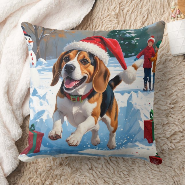 Kerstscene met Beagle in sneeuw Kussen (Deken)