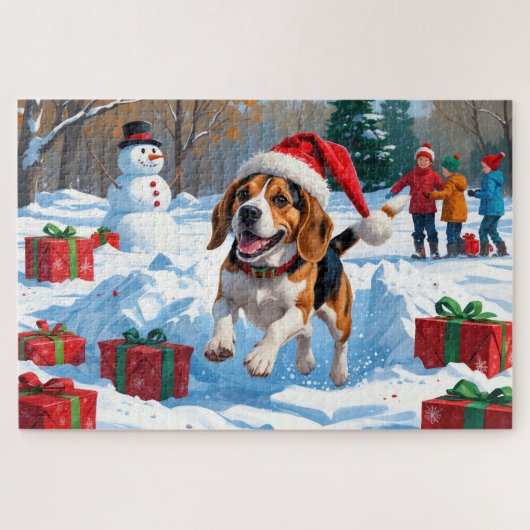 Kerstscene met Beagle in sneeuw Legpuzzel (Horizontaal)