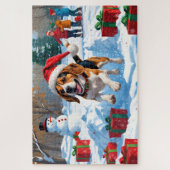 Kerstscene met Beagle in sneeuw Legpuzzel (Verticaal)