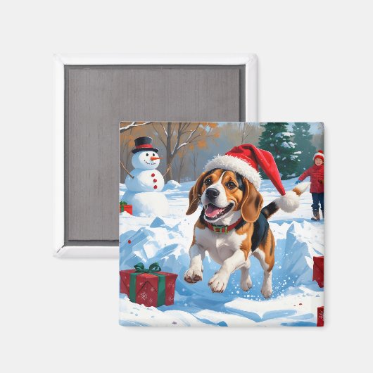 Kerstscene met Beagle in sneeuw Magneet (Voorkant / Achterkant)