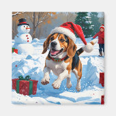 Kerstscene met Beagle in sneeuw Magneet (Voorkant)