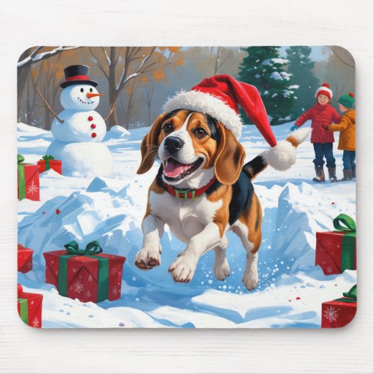 Kerstscene met Beagle in sneeuw Muismat (Voorkant)