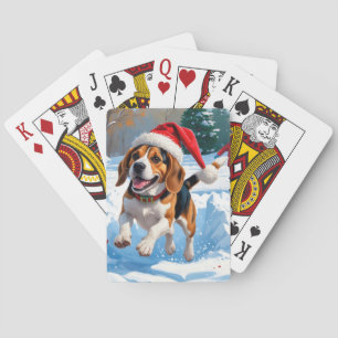 Kerstscene met Beagle in sneeuw Pokerkaarten