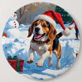 Kerstscene met Beagle in sneeuw Ronde Button 6,0 Cm (Voorkant)