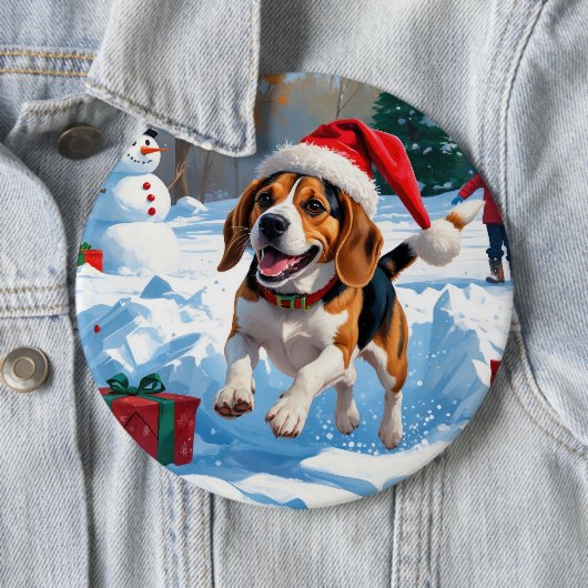 Kerstscene met Beagle in sneeuw Ronde Button 6,0 Cm (In situ)