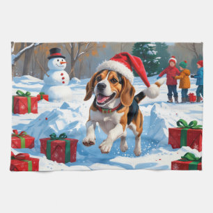 Kerstscene met Beagle in sneeuw Theedoek