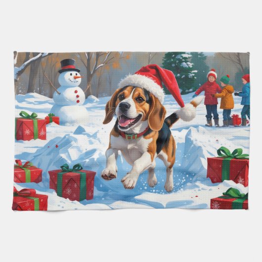 Kerstscene met Beagle in sneeuw Theedoek (Horizontaal)