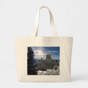 Kerstscène met kathedraal boodschappentas grote tote bag