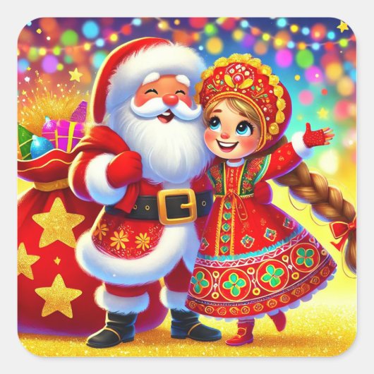 Kerstscene met Kerstman Vierkante Sticker (Voorkant)