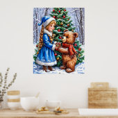 Kerstscène met meisje en teddybeer poster (Keuken)
