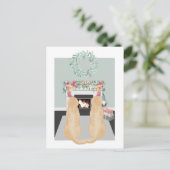 Kerstscene met twee gele labradorhonden bij de ope feestdagenkaart (Staand voorkant)