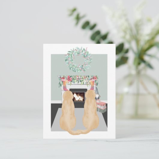 Kerstscene met twee gele labradorhonden bij de ope feestdagenkaart (Staand voorkant)
