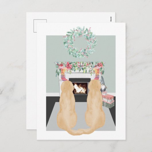Kerstscene met twee gele labradorhonden bij de ope feestdagenkaart (Voorkant / Achterkant)