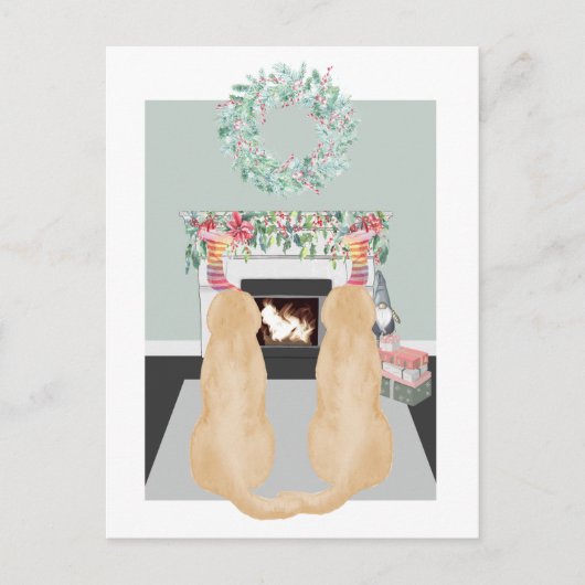 Kerstscene met twee gele labradorhonden bij de ope feestdagenkaart (Voorkant)