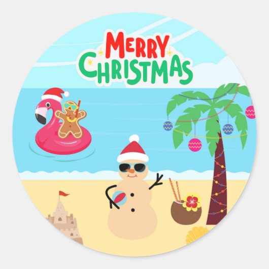 Kerstscène op het strand ronde sticker (Voorkant)