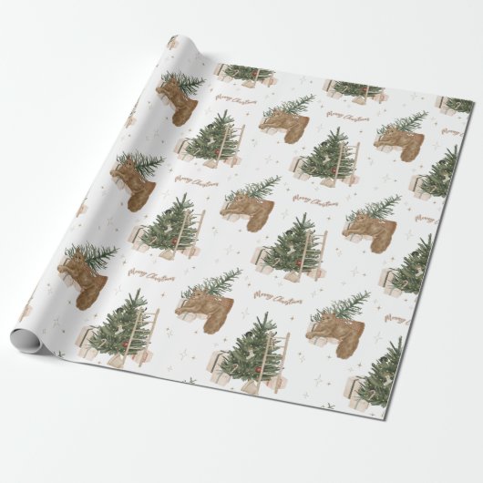 Kerstscène Pine Tree Waterverf Vakantie Gift Cadeaupapier (Uitgerold)