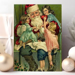 kerstscène voor kerstmis feestdagenkaart<br><div class="desc">Mooie klassieke kerstkermis briefkaart. Dit ontwerp is voorzien van een  jongledige kerstman met kinder klimmen in zijn schoot. Wat een mooie retro vakantie scène.</div>