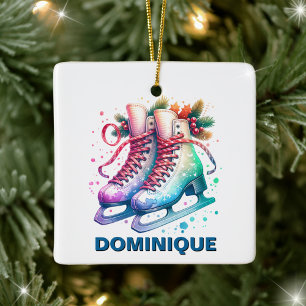 Kerstschaatsen met eigen naam keramisch ornament
