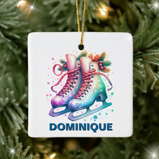 Kerstschaatsen met eigen naam keramisch ornament