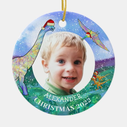 Kerstschattige Dinosaur Persoonlijke foto 2022 Keramisch Ornament (Voorkant)