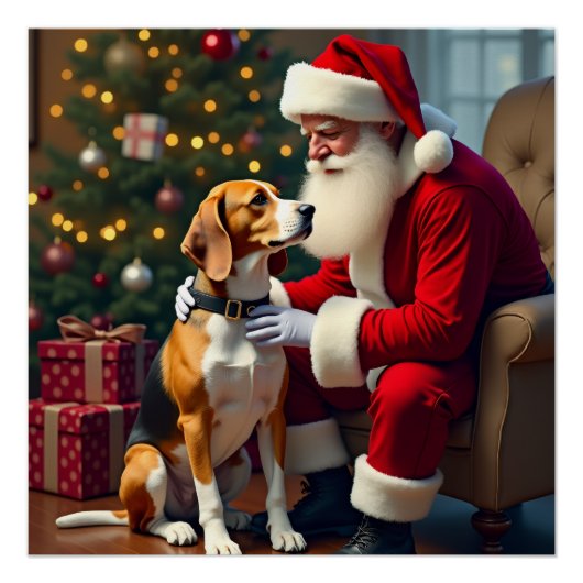 Kerstschilderij van Beagle ontmoet Kerstman Perfect Poster (Voorkant)