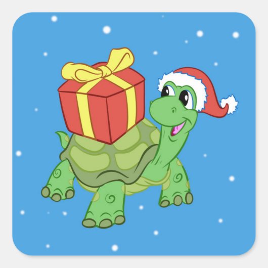 kerstschildpad met cadeau vierkante sticker (Voorkant)