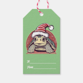 Kerstschildpad met een schattige kerstmuts cadeaulabel
