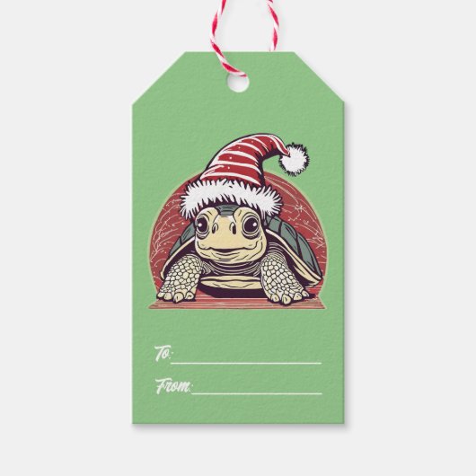 Kerstschildpad met een schattige kerstmuts cadeaulabel (Voorkant)