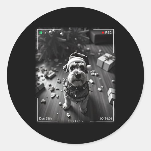 Kerstschnauzer betrapt op camera ronde sticker (Voorkant)