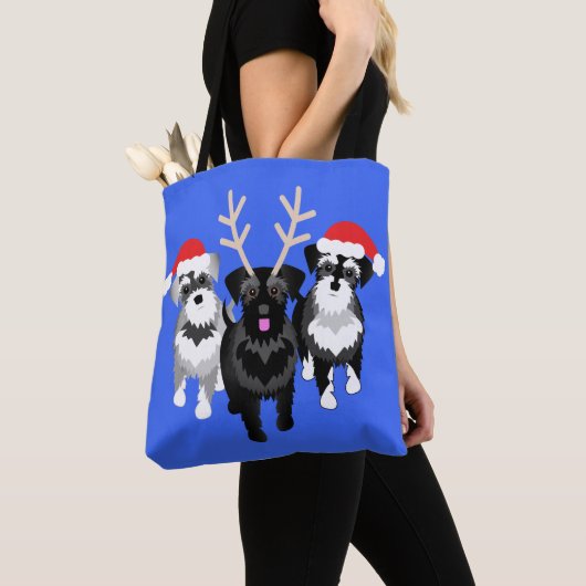 Kerstschnauzers blauw tote bag (Dichtbij)
