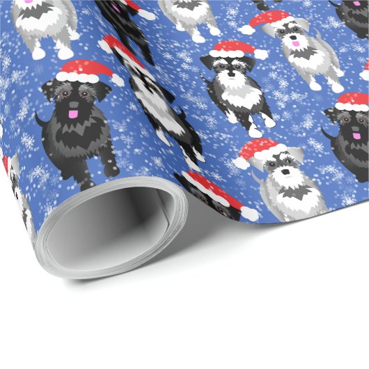 Kerstschnauzers in Santa Hats Blue Snowflakes Cadeaupapier (Rol Hoek)