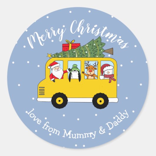 kerstschoolbus santa - kindercadeauverpakking ronde sticker (Voorkant)