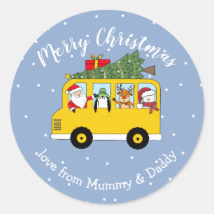 kerstschoolbus santa - kindercadeauverpakking ronde sticker