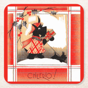  KerstSchotse hond uit 1930 zegt "Cheerio" Kartonnen Onderzetters