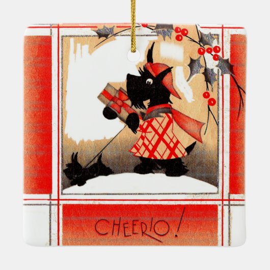 KerstSchotse hond uit de jaren dertig zegt "Cheeri Keramisch Ornament (Achterkant)