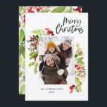 Kerstschrift botanisch 1 foto rood groen feestdagenkaart<br><div class="desc">Kerstmis 1 foto waterverf floral and foliage-kerstkaart. Mooie waterverf schilderde bladeren en moderne scripttekst. Deel van een collectie.</div>