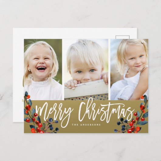 Kerstscript Berries 3 Fotovakantie Feestdagenkaart (Voorkant / Achterkant)