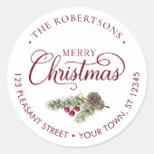 Kerstscript Botanische Bourgogne Retouradres Ronde Sticker (Voorkant)