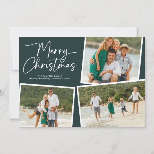 Kerstscript Drie Foto Collage Groen Feestdagenkaart (Voorkant)