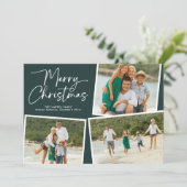 Kerstscript Drie Foto Collage Groen Feestdagenkaart (Staand voorkant)