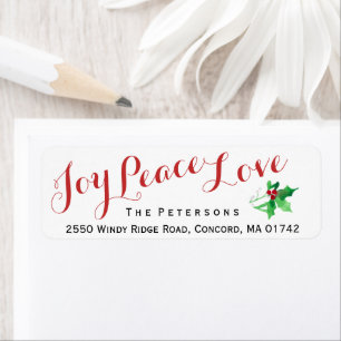 Kerstscript Joy Peace Love Holly Custom Etiket