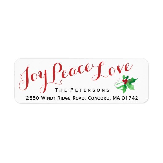 Kerstscript Joy Peace Love Holly Custom Etiket (Voorkant)
