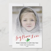 Kerstscript Joy Peace Love Holly Foto Feestdagenkaart (Voorkant)