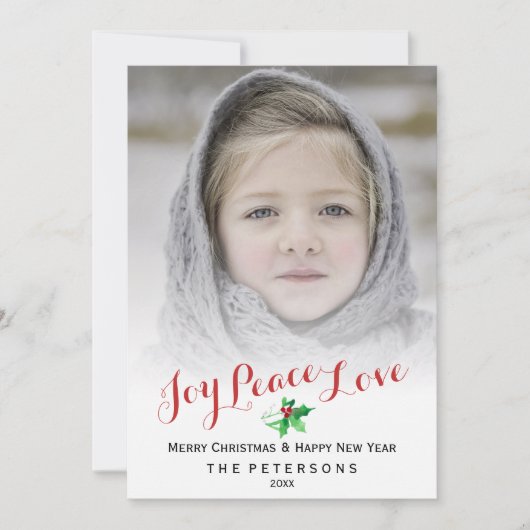 Kerstscript Joy Peace Love Holly Foto Feestdagenkaart (Voorkant)