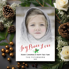 Kerstscript Joy Peace Love Holly Foto Feestdagenkaart