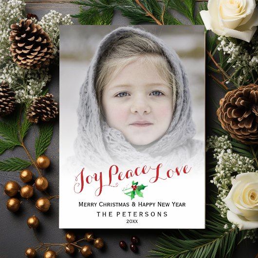 Kerstscript Joy Peace Love Holly Foto Feestdagenkaart