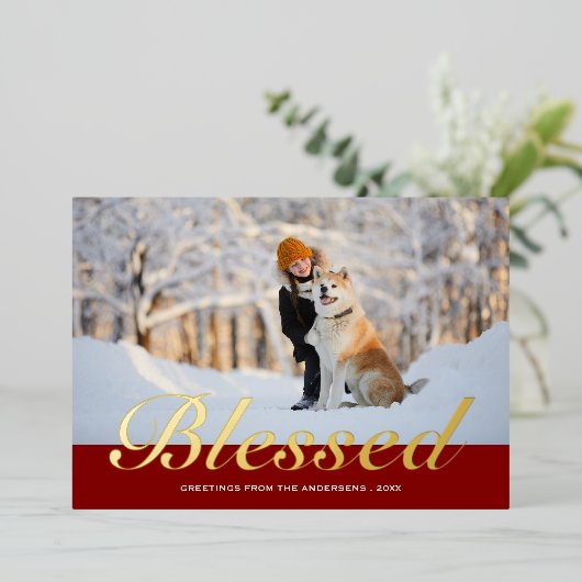 Kerstscript - Matige foto Folie Feestdagenkaart (Staand Voorkant)