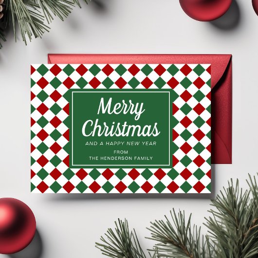 Kerstscript met foto rode groene ruiten feestdagenkaart