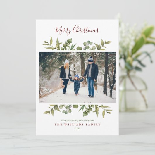 Kerstscript met groen blad Foto Feestdagenkaart (Staand voorkant)